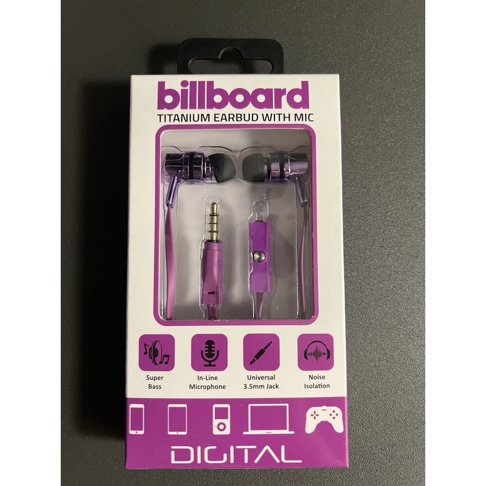 Billboard Stereo In-Ear Earbuds Super Bass Mic 3.5mm Plug Purple *NEW*